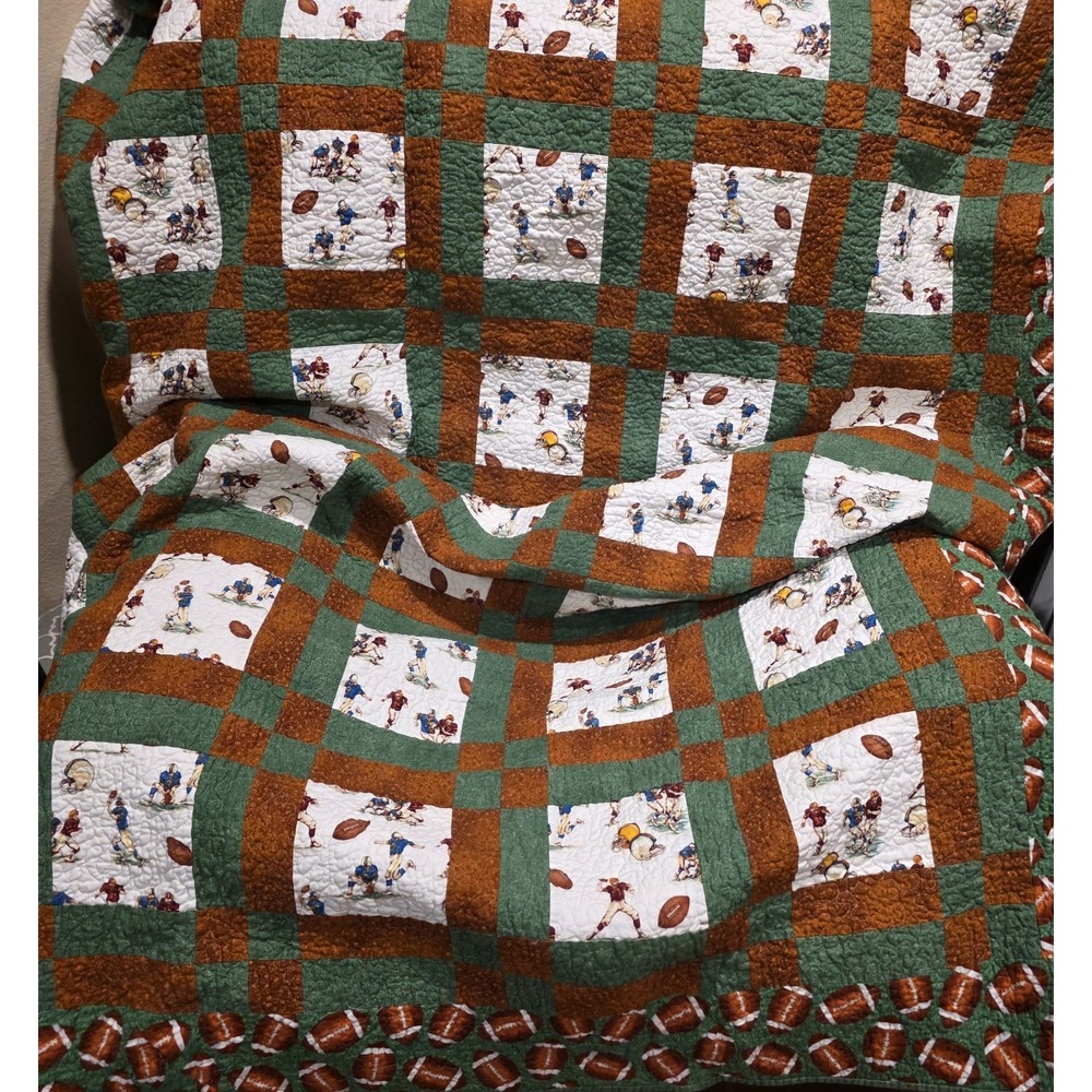 Quilt 66x80 Handmade Machine Sewn Green Brown Ivory Patch Boys Football Sports